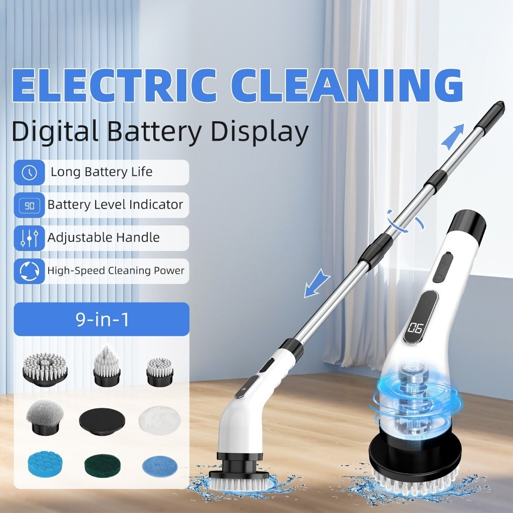 9 in 1 Multifunctional Electric Cleaning Brush LED Display Electric Spin Scrubber Handheld Floor Pow