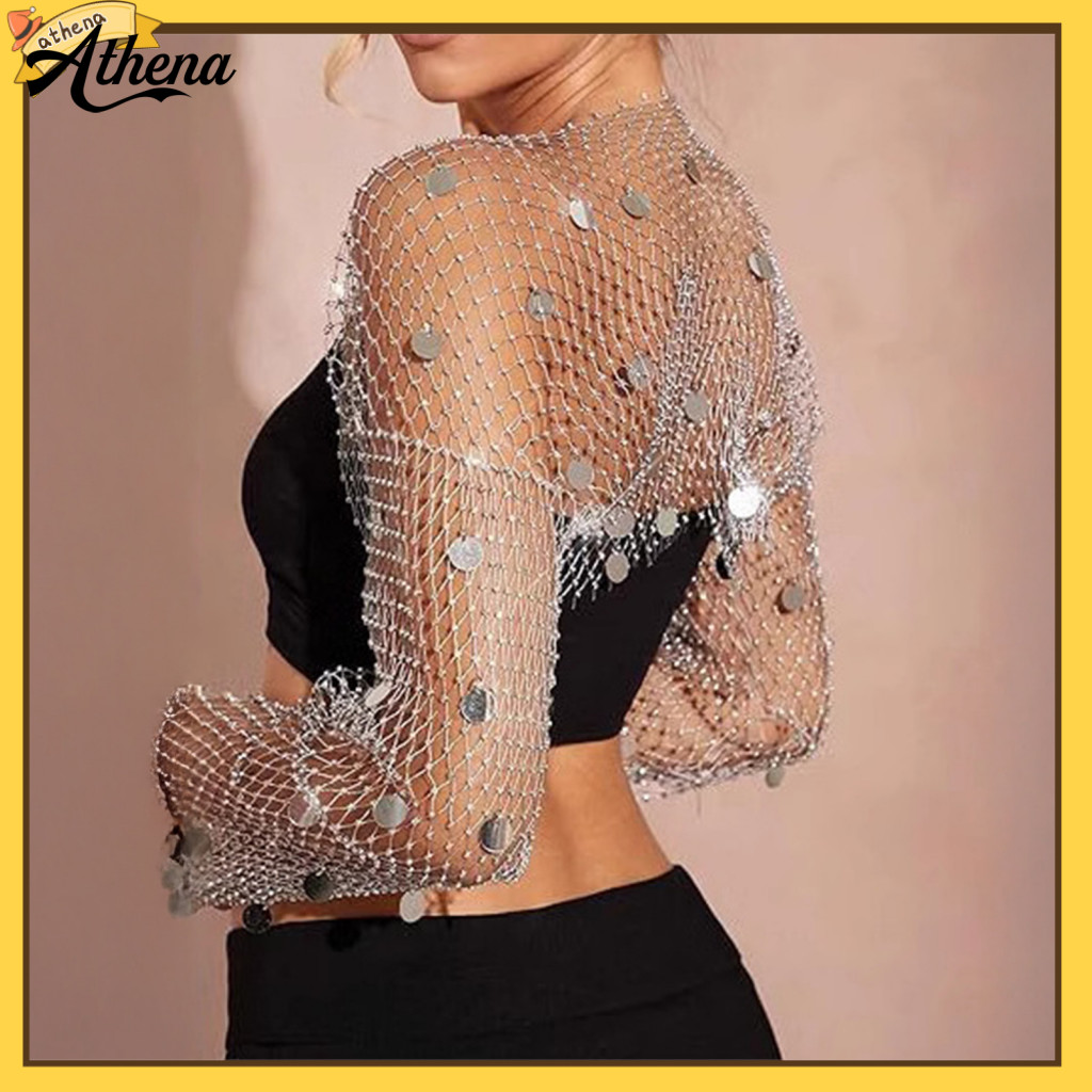 TẠI| Loose Fit Shrug Fishnet Shrug Nữ Sequin Kim Cương Giả Lưới Shrug Bolero Tay Dài Lấp Lánh Fishne