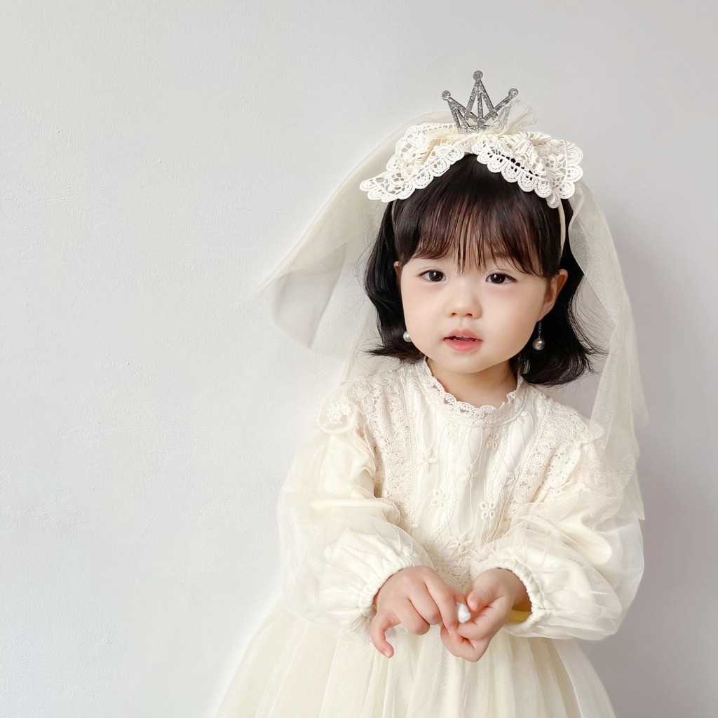 Preferred#New Korean-style vintage lace sequin crown children's veil flower girl headpiece hair acce