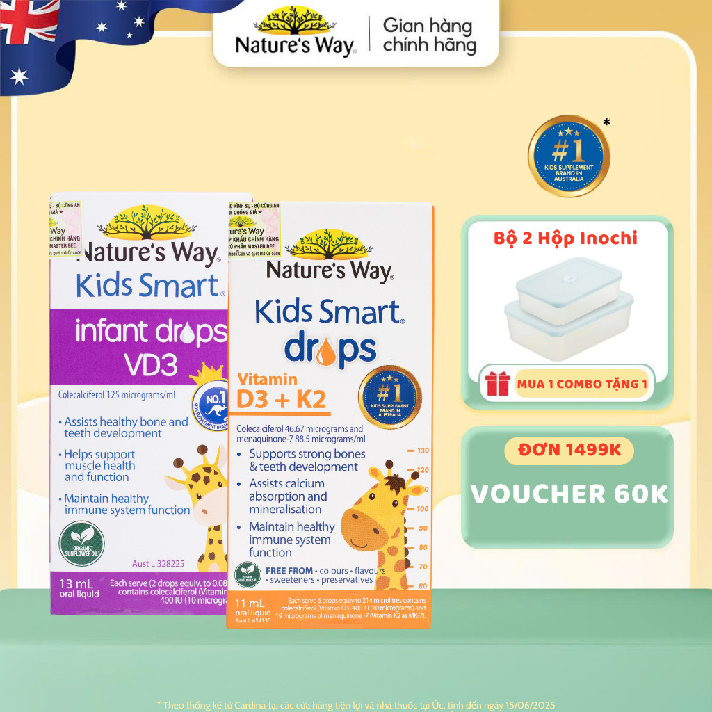 Combo 2 Sản Phẩm Nature's Way Kids Smart Drops D3k2 Và Nature's Way Kids Smart Drops VD3 Dạng Giọt -