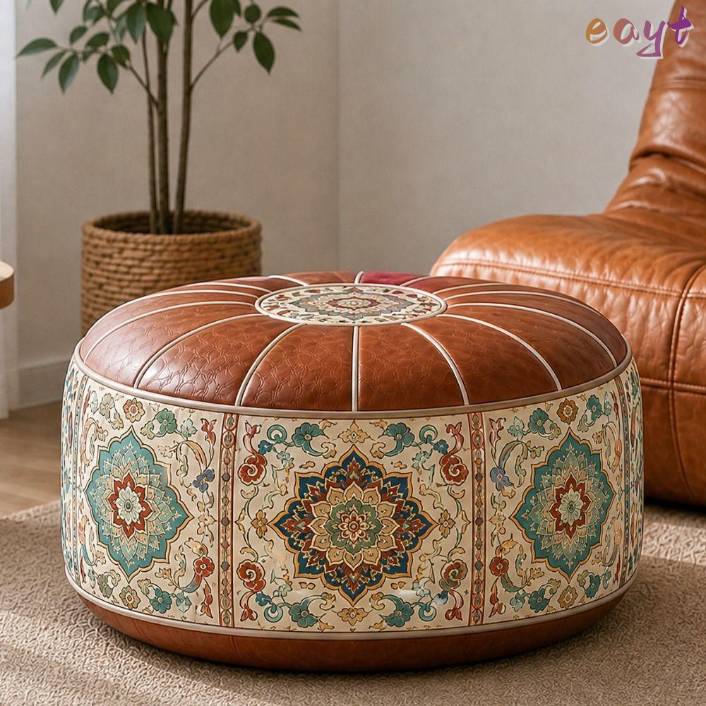 EAYT Foottool Cover, Hình Tròn Da PU Ottoman Pouf, Họa Tiết Boho Có Thể Gập Lại Tròn Pouf Cover Sử D