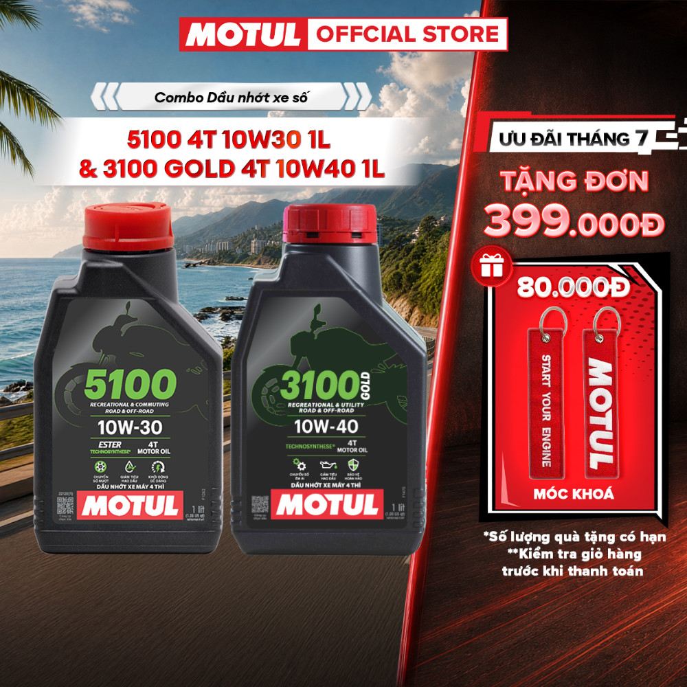 Combo Dầu nhớt xe máy MOTUL 5100 4T 10W30 1L và Dầu nhớt xe Máy MOTUL 3100 GOLD 4T 10W40 1L