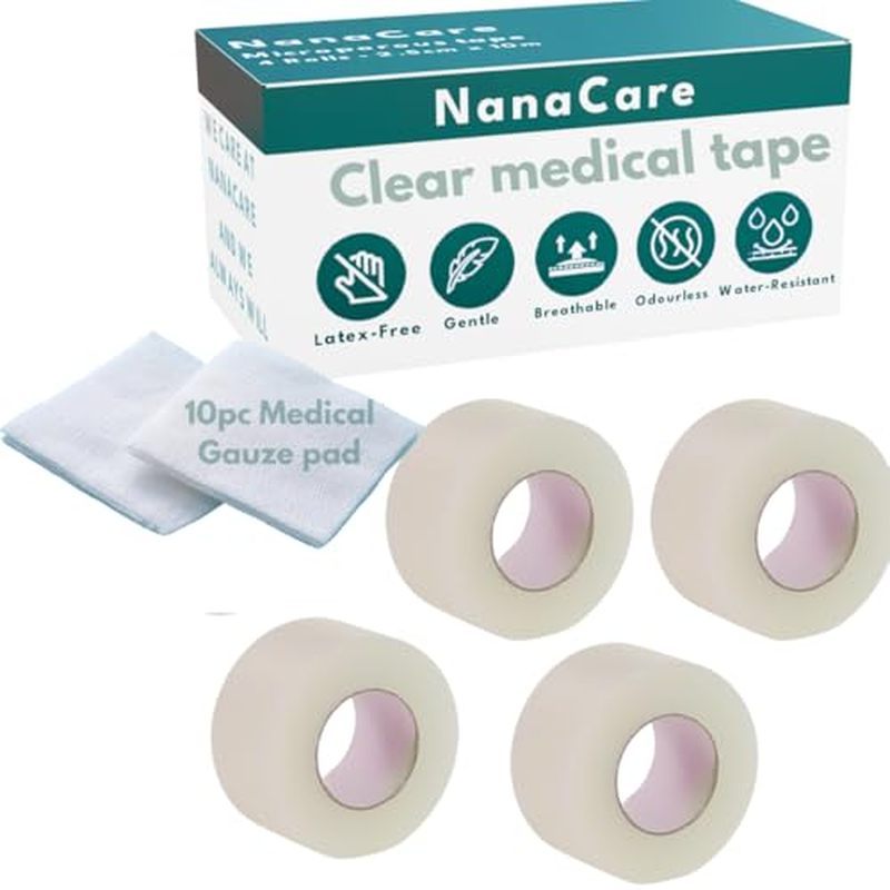 Băng y tế trong suốt NanaCare Chống thấm nước, 4 cuộn - 1 inch x 10 yds + 10 miếng gạc - Băng phẫu t