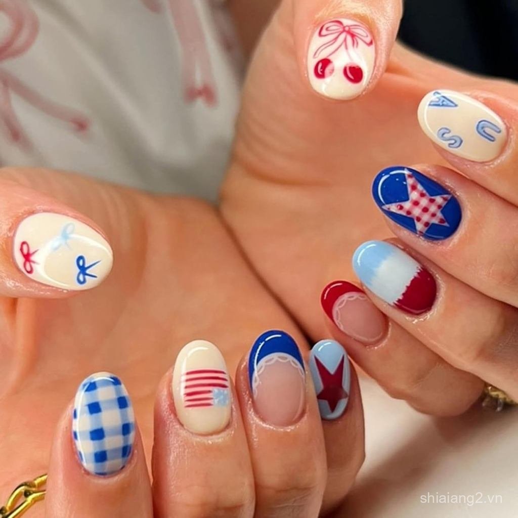 4th of July Press on Nails Medium Oval Móng tay giả có thiết kế Checkered | Ngôi sao | Cờ Mỹ, Keo Ng