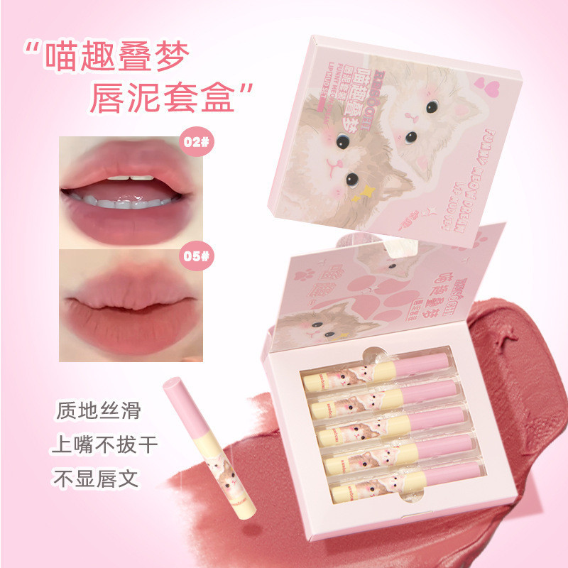 R RESOCHI Meow Fun Dream Lipstick Set Box Silky Color Render Powder Mist Mud Texture Girl Lipstick C