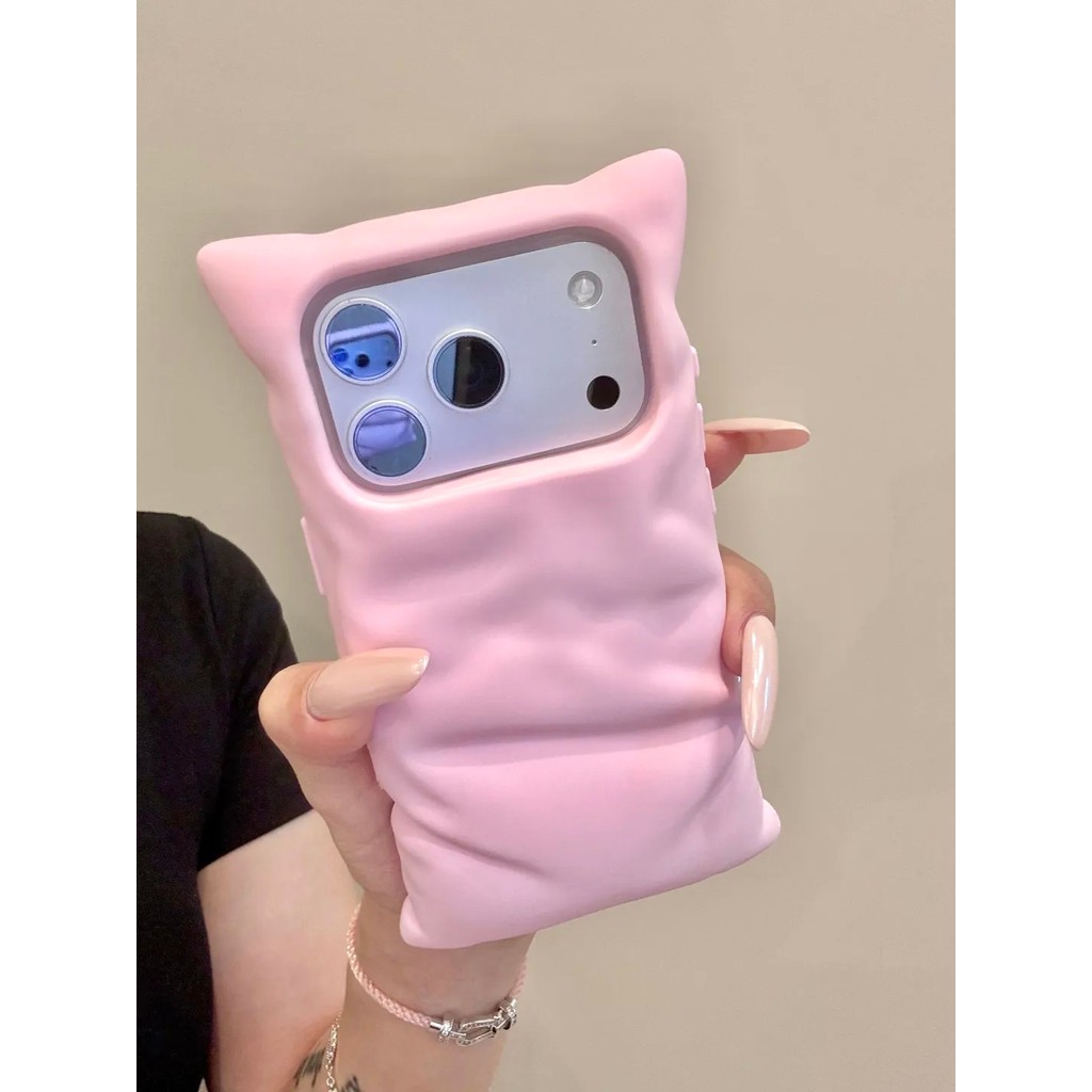 Ốp Điện Thoại Màu Hồng 3D Xếp Ly Thiết Kế Gối Mềm Mại Dễ Thương Phong Cách Phồng Chống Sốc Vỏ Bảo Vệ