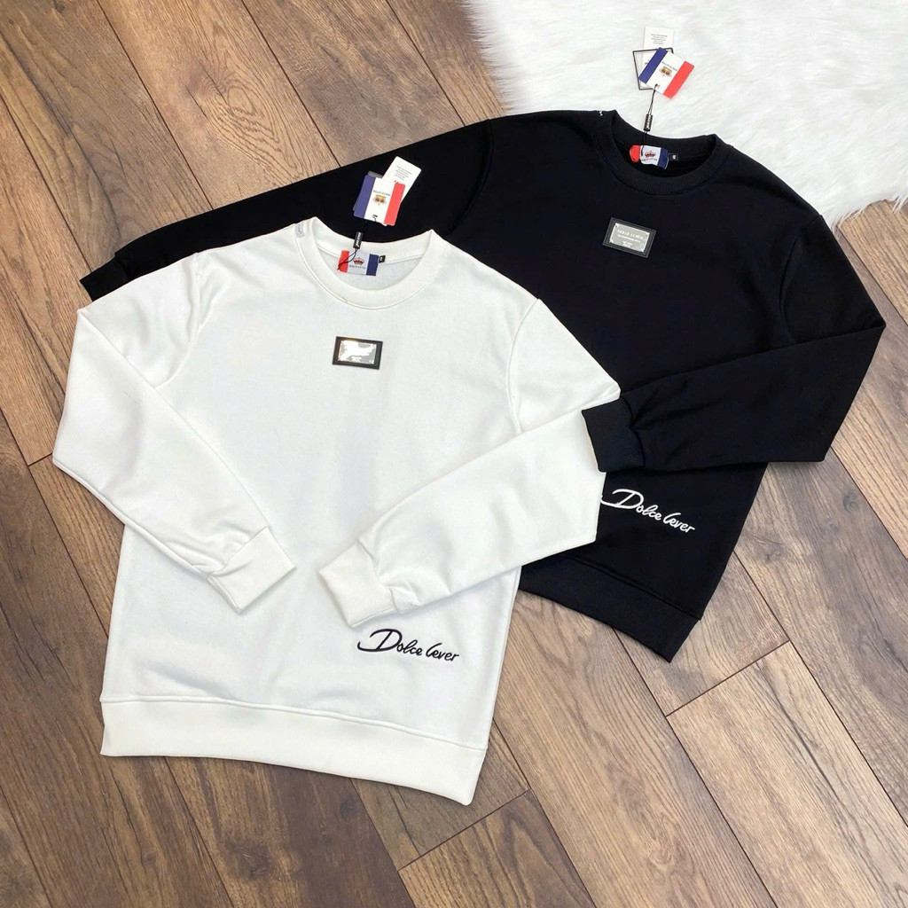 Áo sweater nỉ cua dài tay nam nữ Dolce Lever ngực thêu mác da đính logo inox bụng dệt chữ ký hãng