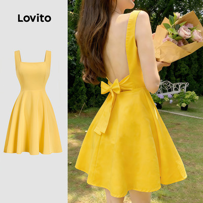Đầm nữ Lovito Phong cách thường ngày vàng xuân hè nơ lưng L184ED786