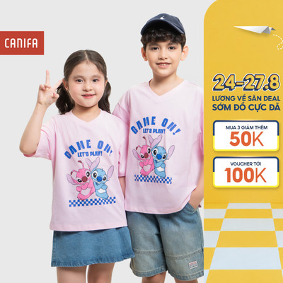 Áo phông unisex trẻ em CANIFA cổ tròn cộc tay in hình Stitch 3TS26S004