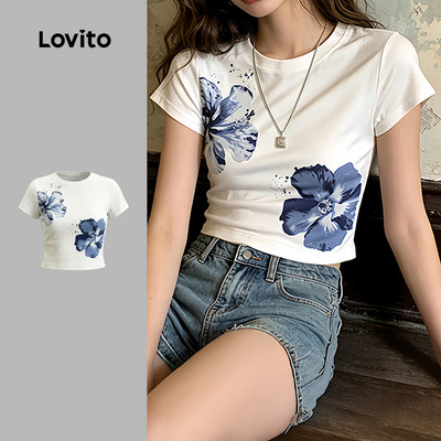 (New Arrival) Lovito Áo thun thường ngày phong cách đa năng họa tiết mùa xuân/hè áo thun trắng cho nữ LK7AD106