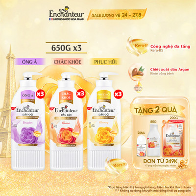 Combo 3 Dầu gội dưỡng tóc siêu mượt thơm Enchanteur Keratin 650g - Charming Phục hồi sức sống/Sensation Mượt mà óng ả