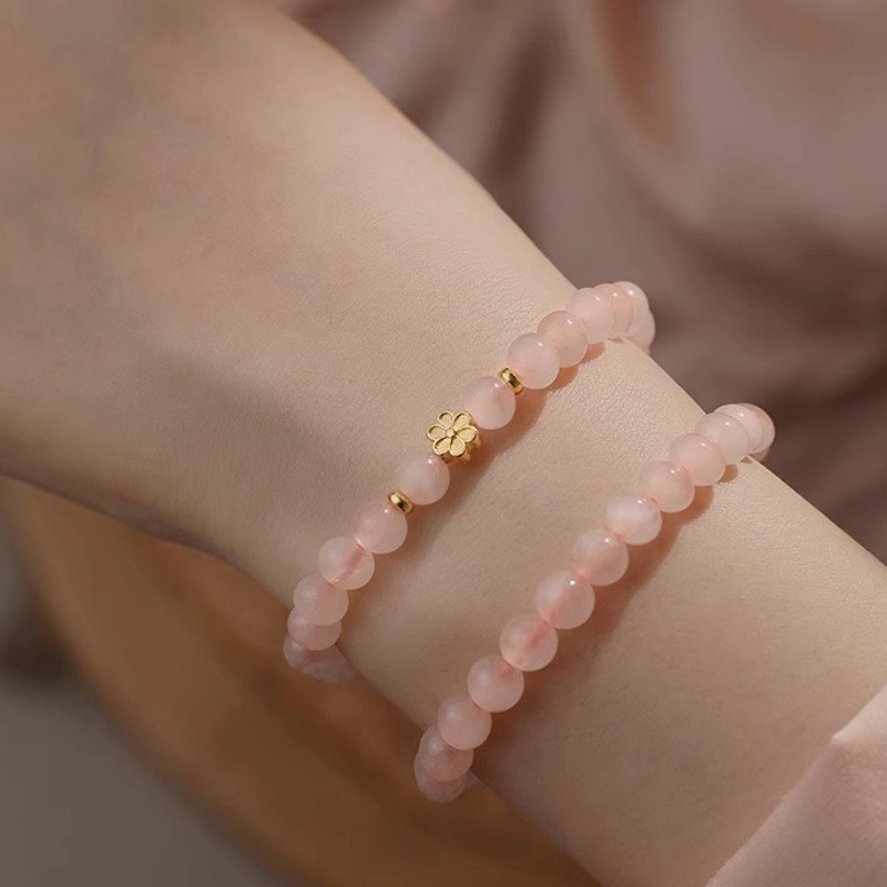 V7OX s925Pure Silver Pink Crystal Peach Blossom Bracelet for Women, Simple Layered Natural Pink Crys