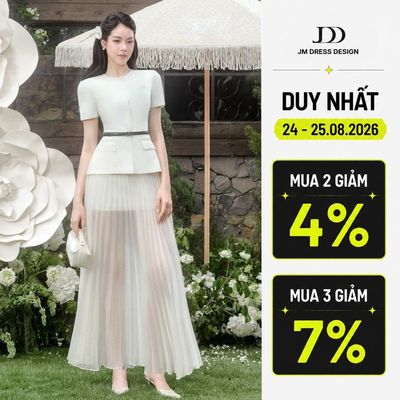 Set áo peplum cổ tròn 2T29.2506K + chân váy sheer dập ly dài 4L05.2506OG, Set đồ công sở tiểu thư tinh tế thiết kế JM