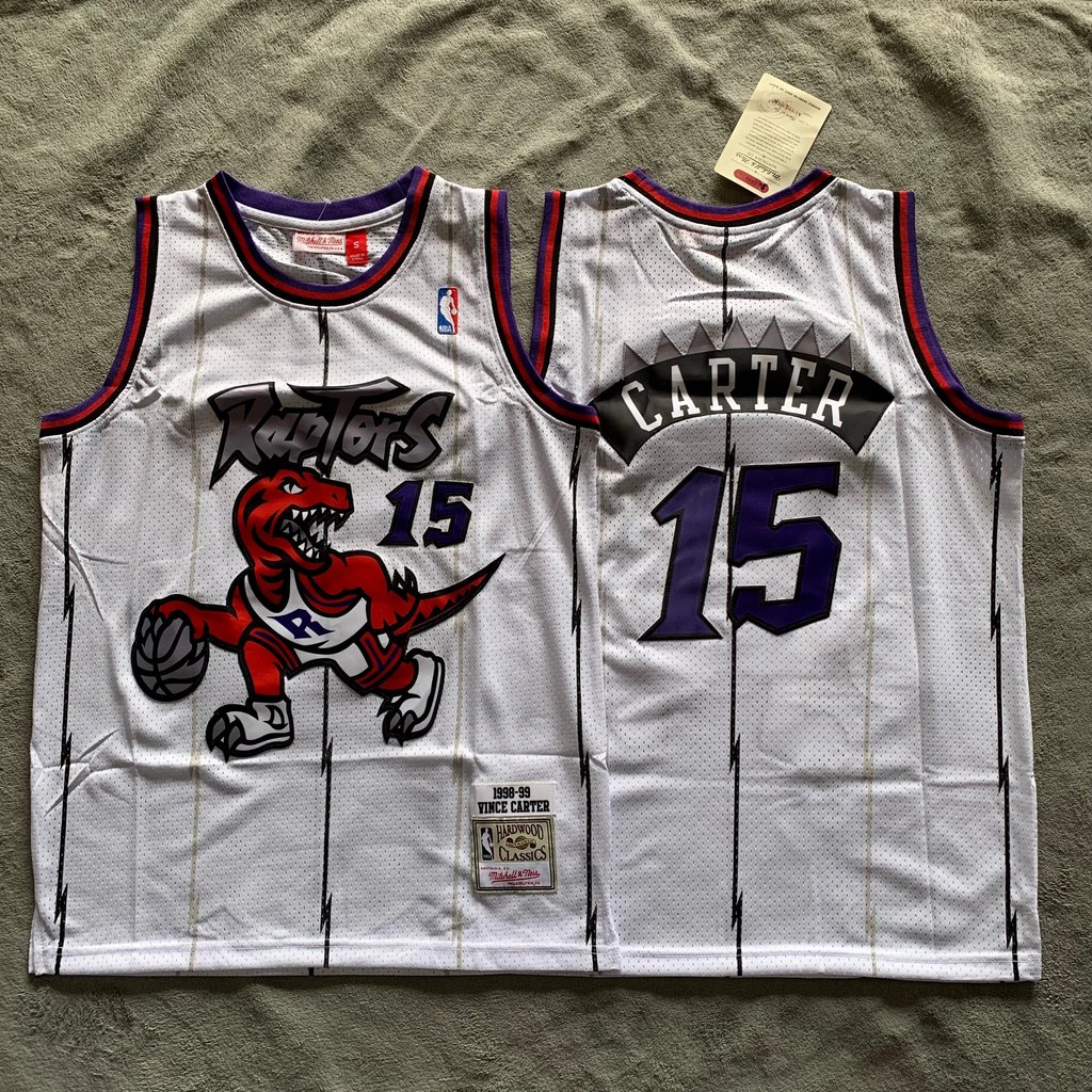 Raptor No. 15 Carter Big Tyrannosaurus White Jersey NBA Retro Thêu Lưới Nhanh Khô Jersey