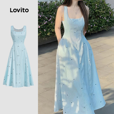 Đầm nữ Lovito thanh lịch xanh dương xuân hè phong cách L178ED455