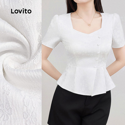 Áo kiểu nữ Lovito trắng xuân hè jacquard lai bèo xếp nếp nút thanh lịch L135ED232