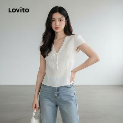 Lovito Phong cách thường ngày Áo sơ mi nữ cổ ren tay dài mùa xuân hè màu trắng kem L156AD144