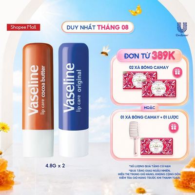 Bộ 2 son dưỡng môi Vaseline dạng thỏi Lip Care: Bơ Ca Cao và Mềm mịn ( 4.8g x2)