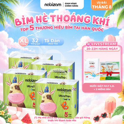 [TÃ DÁN] Combo 4 Bịch Tã/Bỉm Dán NABIZAM UltraThin Nội Địa Hàn Cao Cấp Size XL Cho Bé Trên 12kg, 32 Miếng