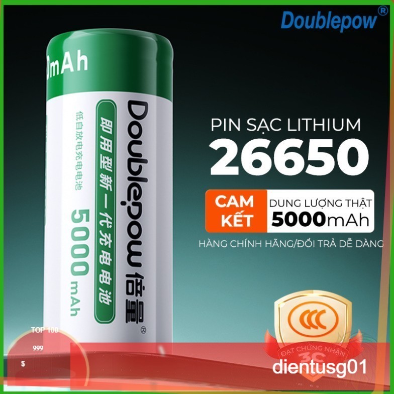 Pin Sạc 26650 Doublepow dung lượng thực 5000mAh, pin Lithium dùng thay thế chế pin 2s, 3s, 4s, đèn p