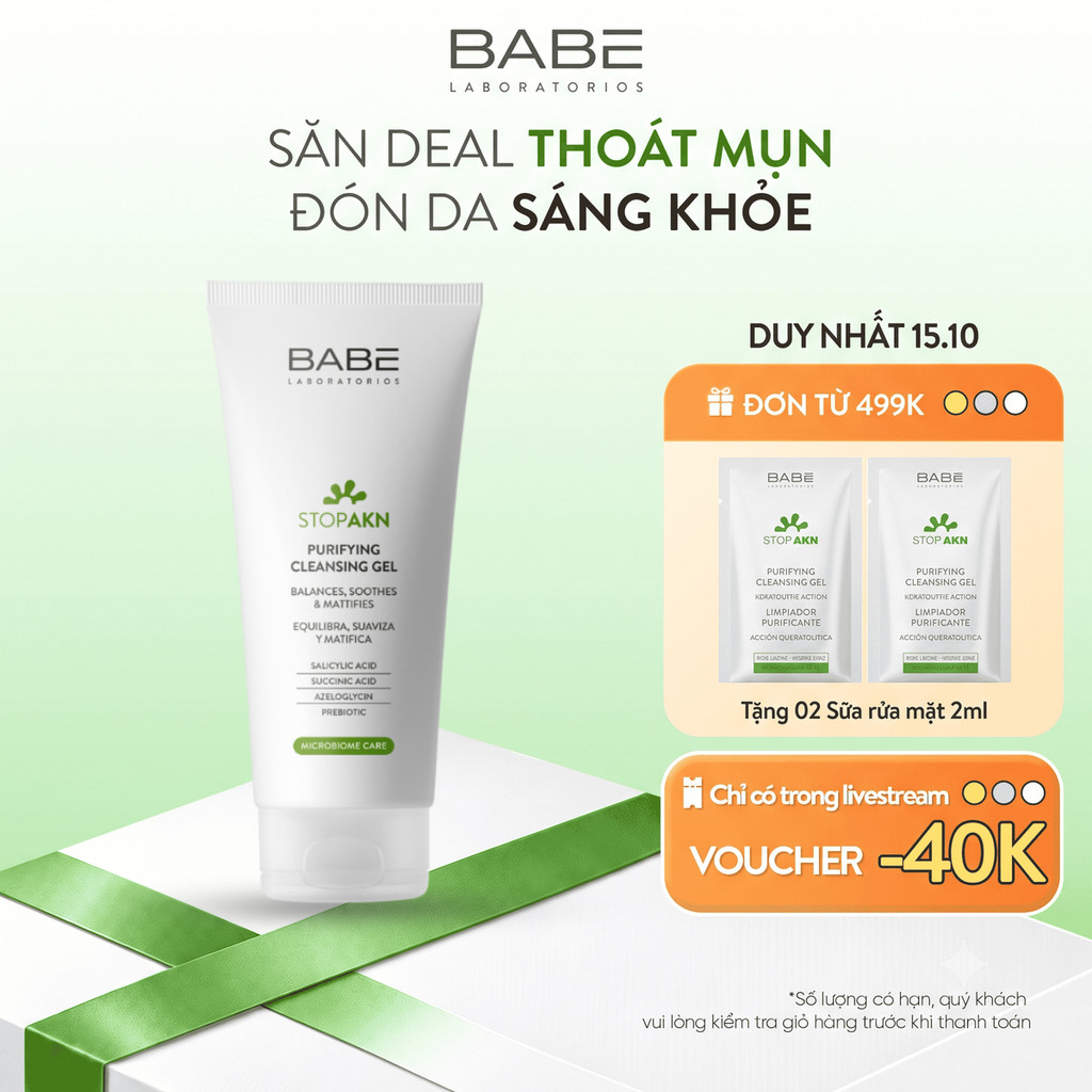 Sữa Rửa Mặt Cho Da Dầu Mụn Sạch Sâu Ngừa Mụn BABE Stop AKN Purifying Cleansing Gel 200ml