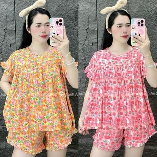  KA157 - {Fom Kiểu Rộng} Đồ Bộ Vải Tole Lanh Nữ VNXK Áo Cổ Tròn Tay Ngắn Quần Ngắn Nhiều Họa Tiết 