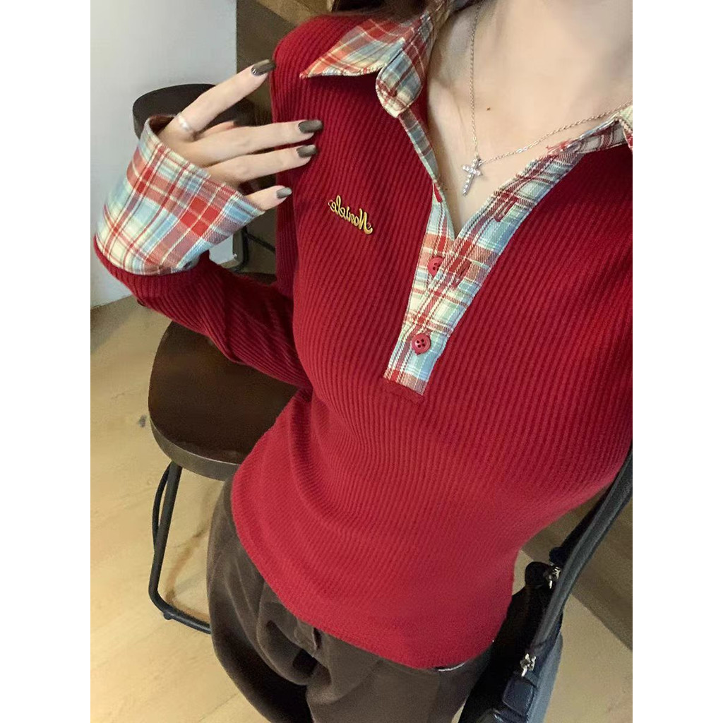 Áo Polo tết giáng sinh thun dài tay nữ giữ ôm body baby tee Thời Trang Kiểm Tra Top Nữ Thu Đông Phong Cách Mới Khâu | BigBuy360 - bigbuy360.vn