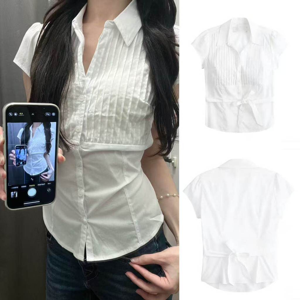 Hollister  American Style HCO Little Seagull Pure Desire Pleated Strap Bow Short Sleeve Shirt Slim F