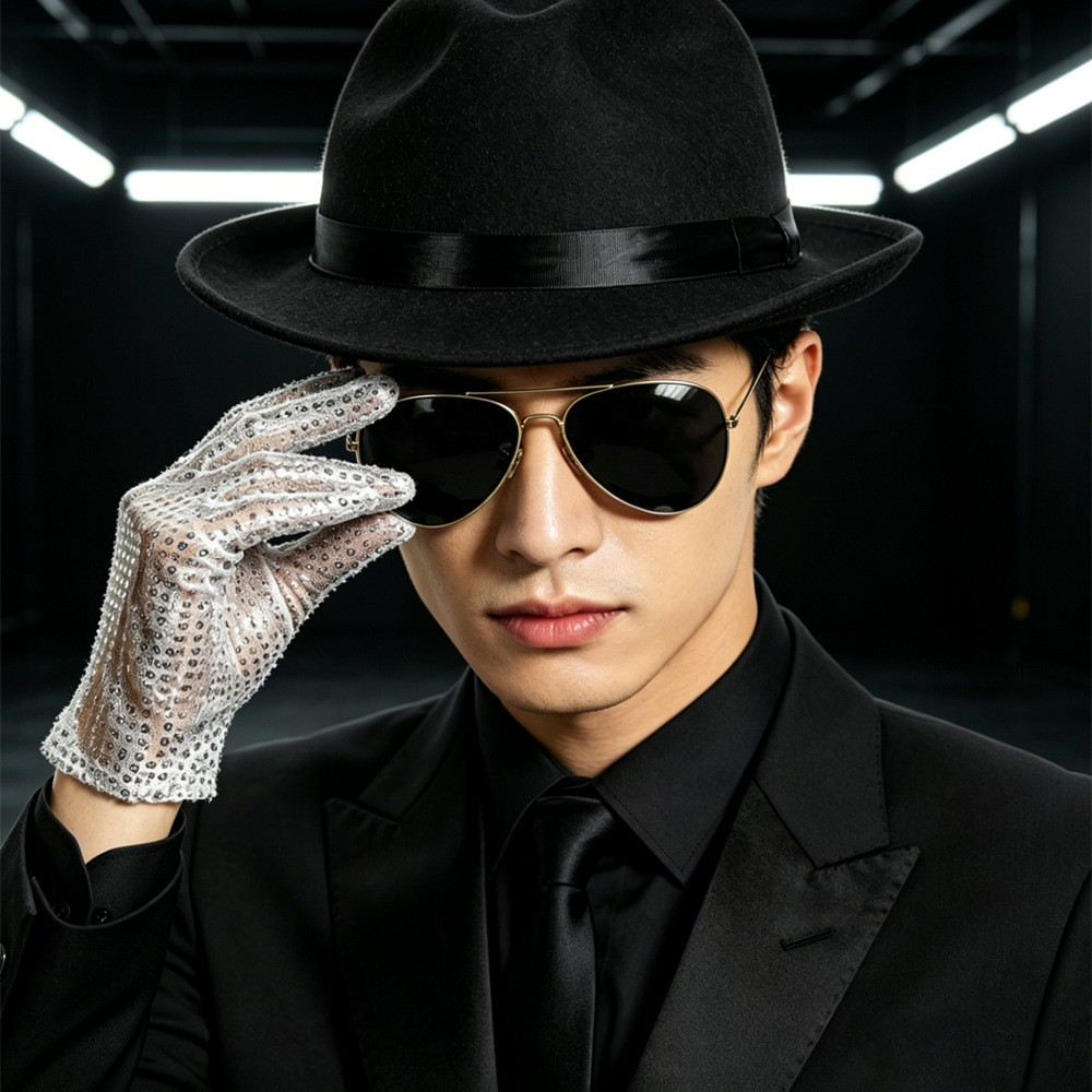 DISCO Michael Jackson Trình diễn sân khấu Sequined Hat Tie Găng tay Set Phụ kiện trang điểm JV7T