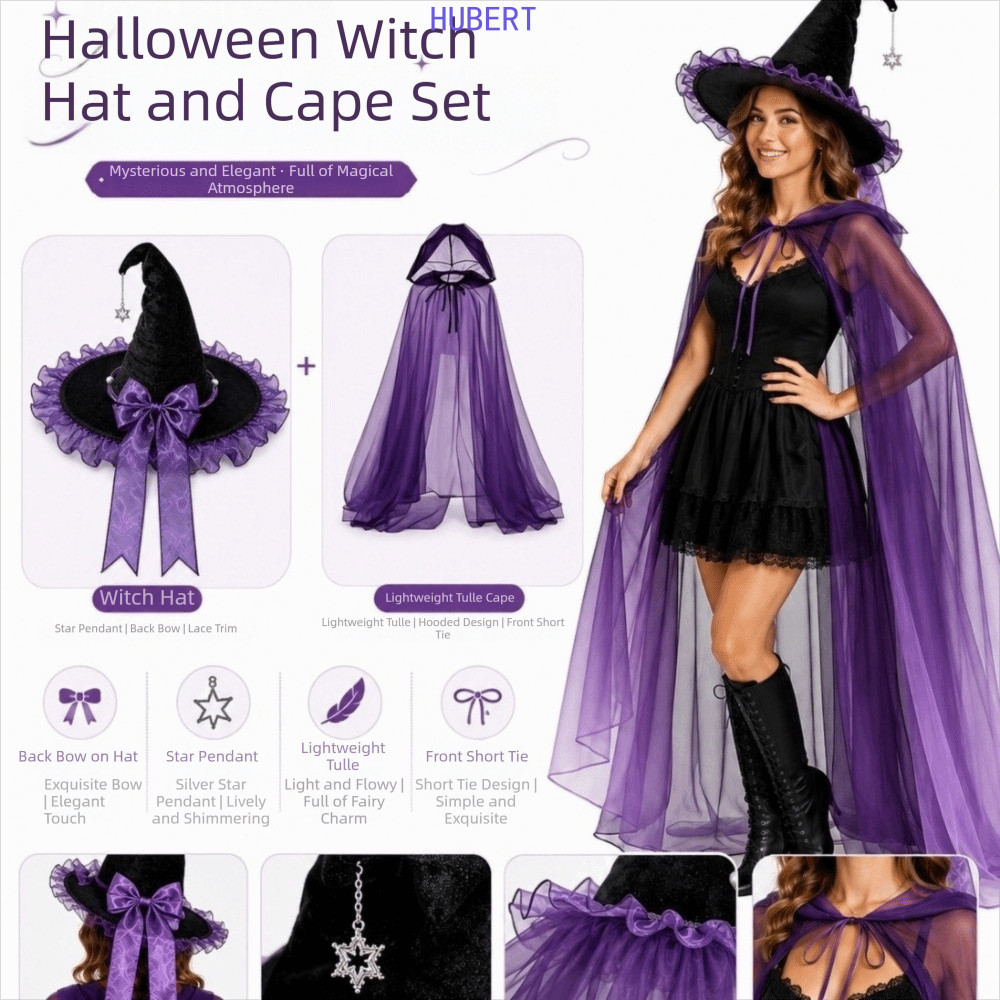 HUBERT Halloween Mũ Phù Thủy Bộ Áo Khoác, Nhập Vai Có Mũ Lưới Mũ Phù Thủy Có Mũ Trùm Đầu Áo Khoác, S