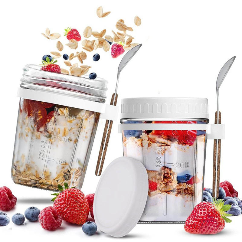 350ml Reusable Overnight Oats Jars with Spoon Airtight Oatmeal Cup Container with Measurement Marks