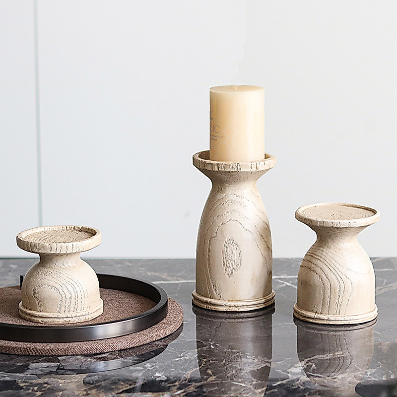 Modern New Chinese Style Candle Holder, Vintage Imitation Solid Wood Decor, American Style Ornament 