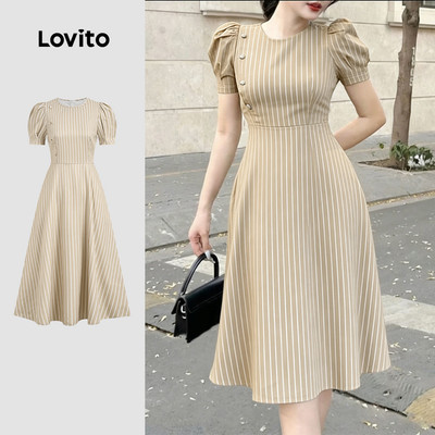 Đầm nữ Lovito kaki xuân hè lai bèo xếp nếp nút phong cách thường ngày LK6ED173