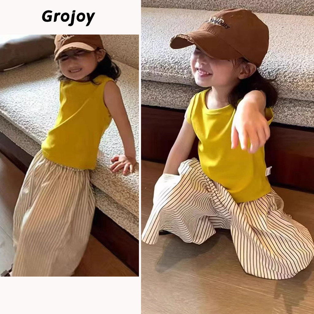 ((Có sẵn) Bé gái 3-10 tuổi Phiên bản Hàn Quốc Áo Vest không tay màu vàng + Quần sọc ống rộng Bộ hai 
