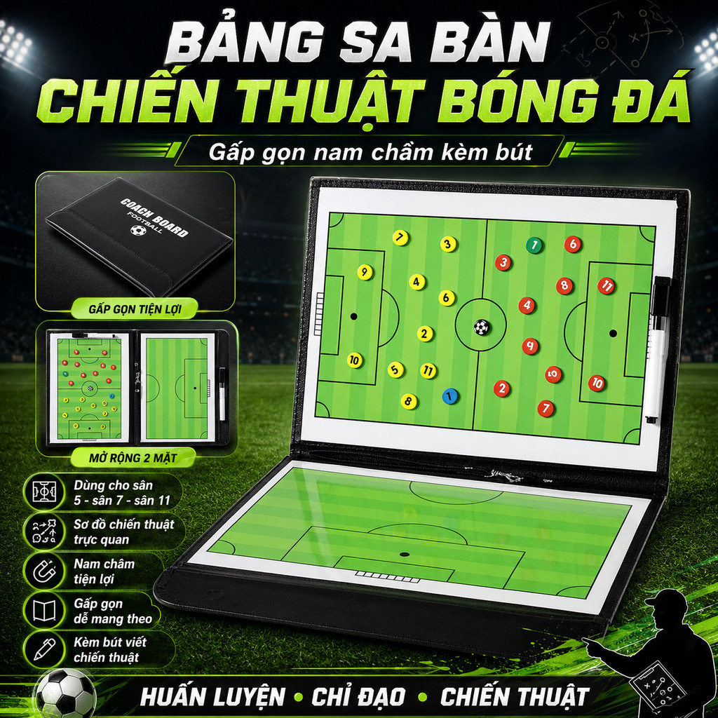 Bảng sa bàn chiến thuật bóng đá sân 5 sân 7 sân 11 gấp gọn nam châm kèm bút, sơ đồ chiến thuật huấn 