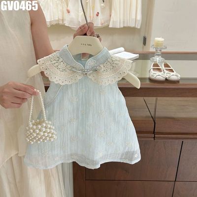 Váy Bé Gái Cổ Tàu Xanh Mint Phối Ren Hoa Thêu Nhẹ Nhàng Mềm Thoáng Mùa Hè MINTSCLOSET GV0465