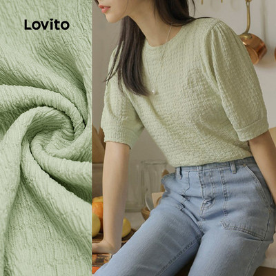 (thanh lịch) Lovito Áo thun gấp lớp xuân/hè màu xanh lá cho phụ nữ L142ED743