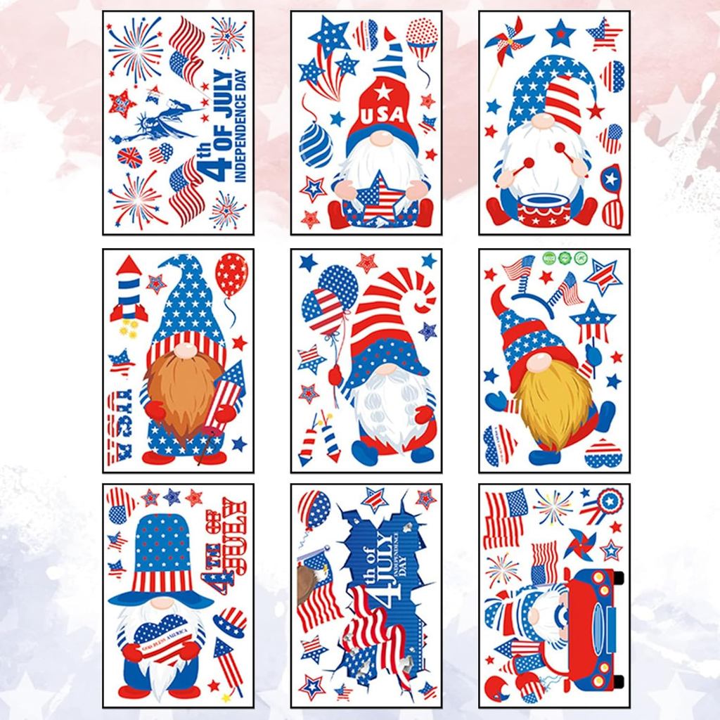 ABTOLS 9 Tờ Yêu Nước 4th of July Gnome Window Clings Có Thể Tái Sử Dụng 4th of July Tĩnh Windows Bám