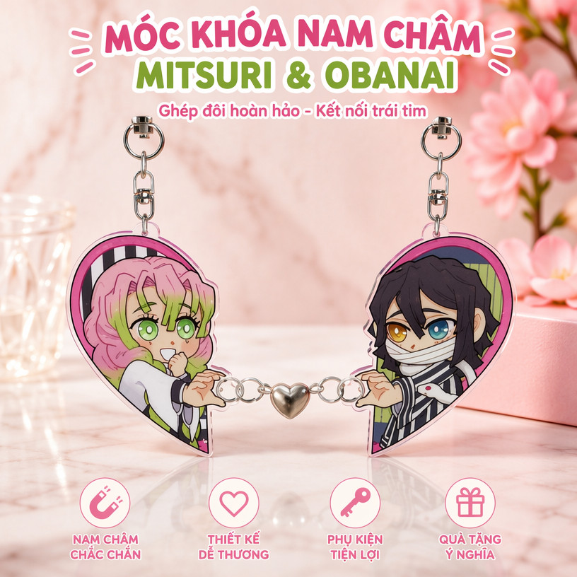 Rẻ Mitsuri & Obanai magnetic heart keychains 8 nlp