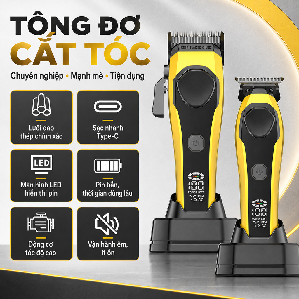 Tông đơ cắt tóc, máy cắt tóc, tông đơ điện, tông đơ nam sạc Type-C chuyên nghiệp cho gia đình và tiệ