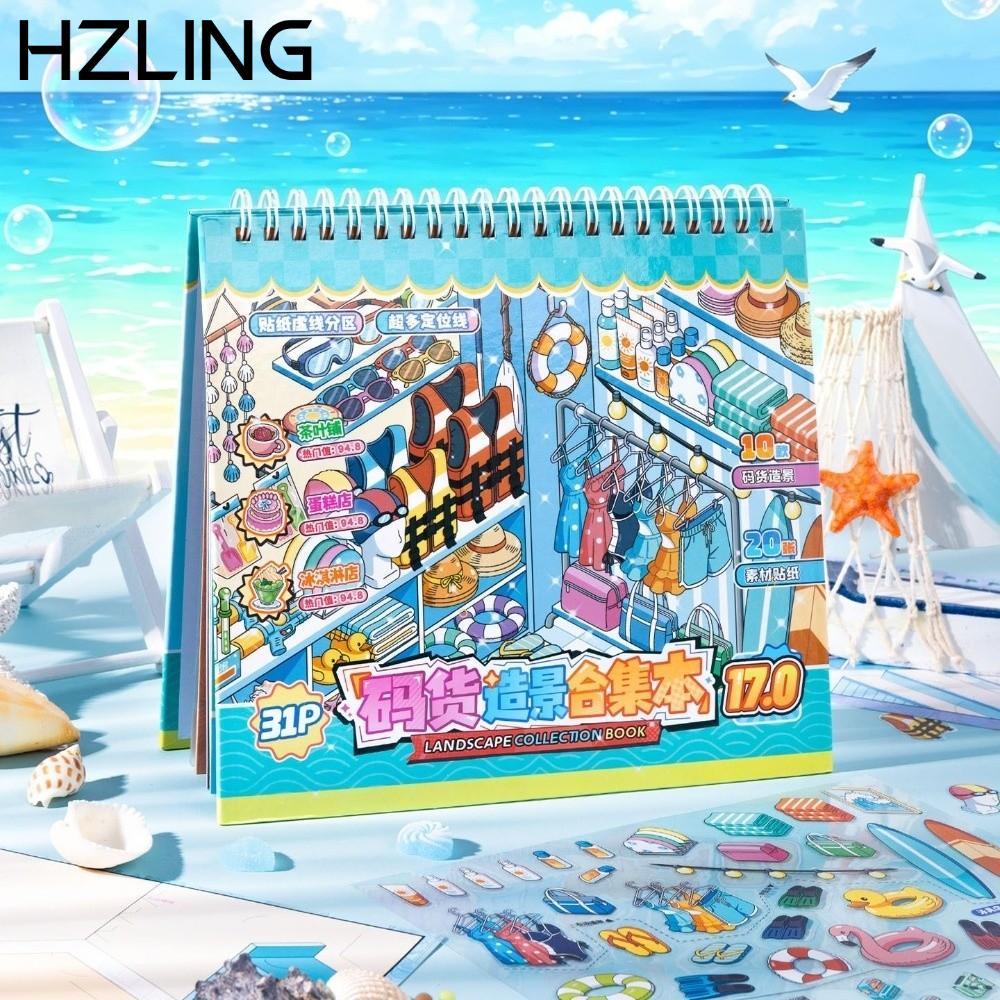 HZLING Sticker Book, Shop Scene PET Scenery Sticker, 10 Cảnh Sách Đồ Bơi Bưu Điện Văn Phòng Thu Nhỏ 