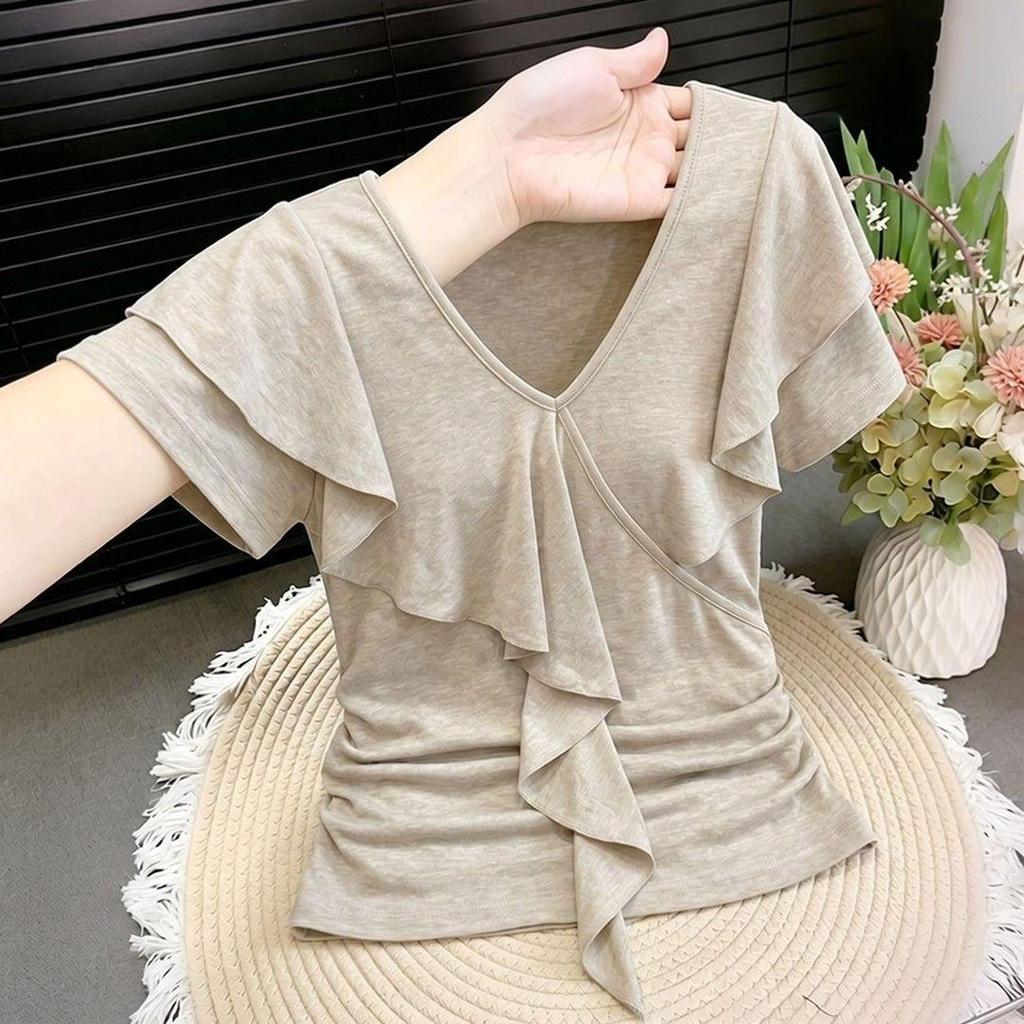 [Ưu đãi đặc biệt trong thời gian có hạn] Áo thun ngắn tay cổ chữ V xù kiểu Pháp dành cho nữ Mùa hè Phong cách mới Tính khí Phong cách bán chạy Phong cách thiết kế độc đáo Ir đẹp