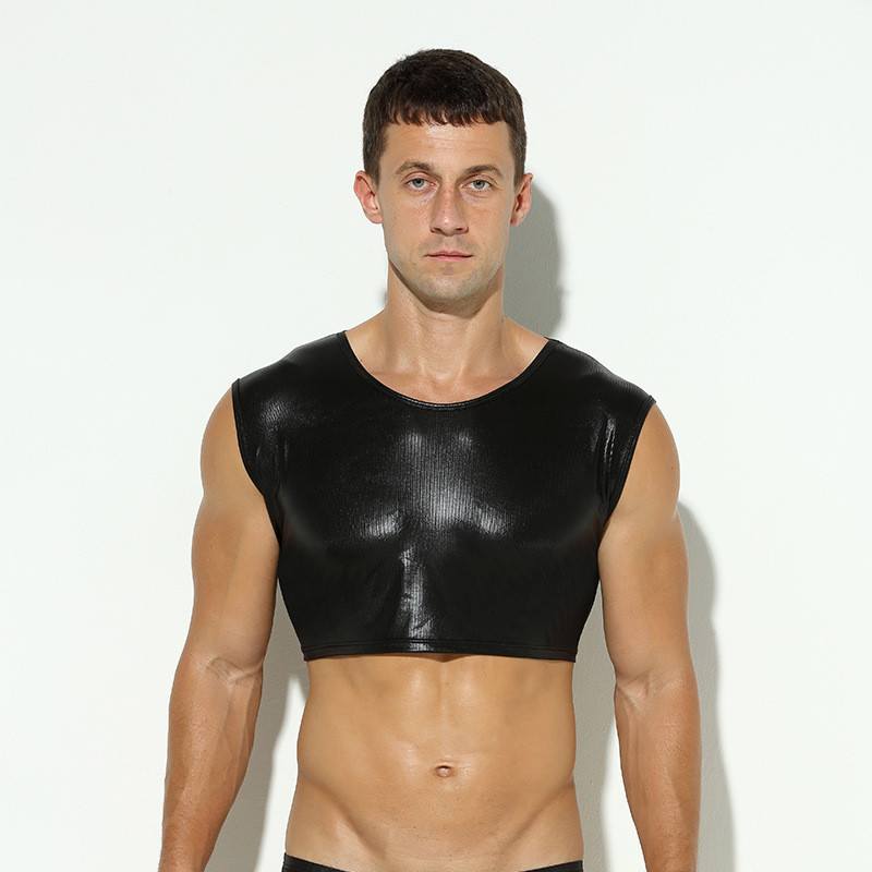Nam Áo Vest Ngắn Gợi Cảm Giả Da Cổ Tròn Không Tay Giai Đoạn Sàn Catwalk Skinny Thể Thao GAY GAY Áo V