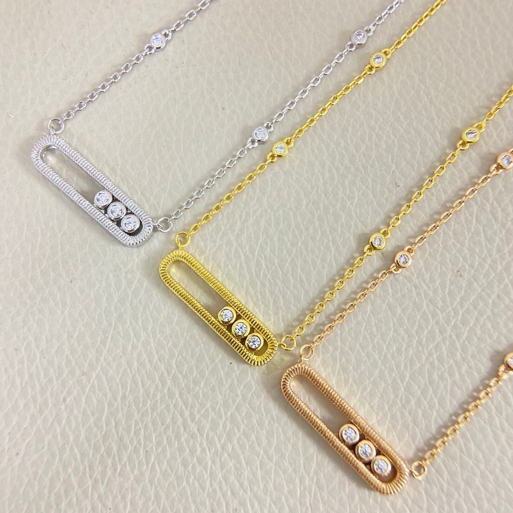 MESSIKA Vòng cổ hình chữ nhật trượt Messika tối giản có thể di chuyển được Zircon trong suốt quyến r
