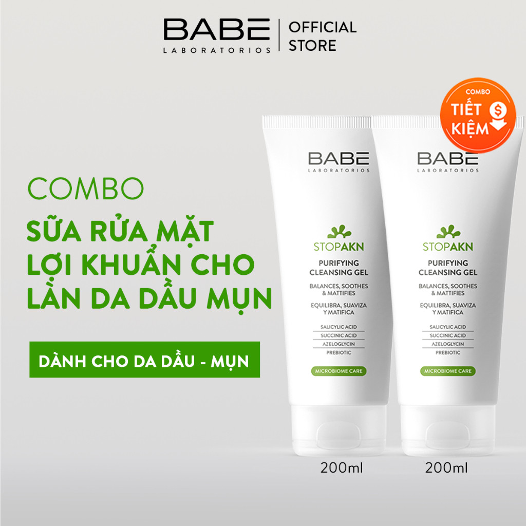 Bộ Đôi Sữa Rửa Mặt Cho Da Dầu Mụn Sạch Sâu Ngừa Mụn BABE Stop AKN Purifying Cleansing Gel 200ml