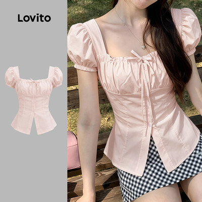 (New Arrival) Lovito Áo sơ mi nữ màu hồng mùa xuân/hè kiểu dáng giản dị buộc dây phía trước LK7AD1049