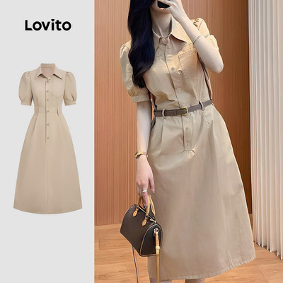 Đầm Lovito phong cách thường ngày có nút giả túi mùa xuân/hè màu kaki cho nữ LBL35195