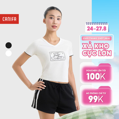 Áo thun nữ cổ tim ngắn tay phom dáng ôm in họa tiết chất liệu cotton co giãn mềm mại CANIFA 6TS26S023