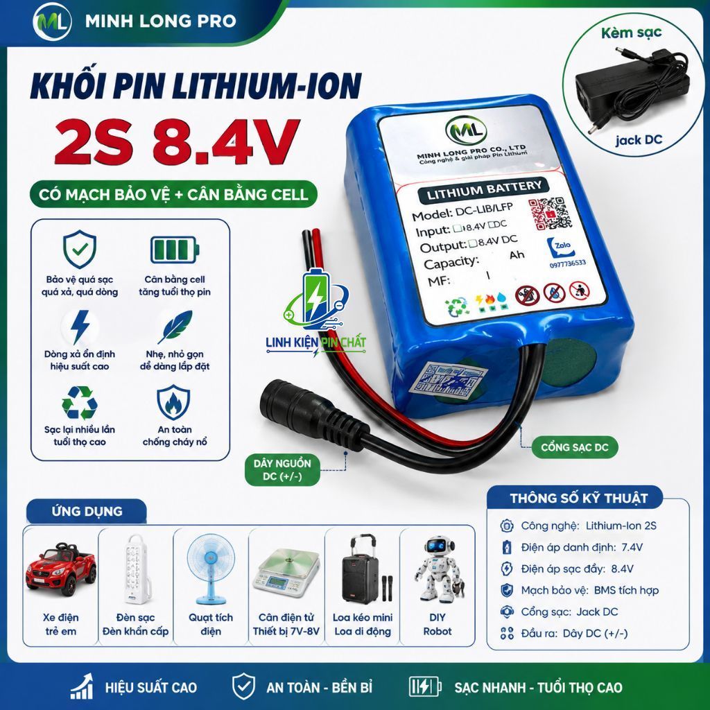 Pin Lithium-Ion 2S 7.4V 8.4V 10Ah – Pin Sạc Cho Xe Trẻ Em, Loa, Đèn, Quạt, Robot, DIY