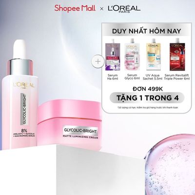 Bộ đôi serum & kem dưỡng sáng da đột phá Melasyl mờ thâm mụn, nám L'Oreal Paris Glycolic Bright 30ml, 50ml